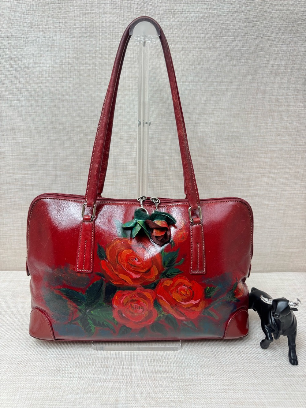 Mila Paoli Red Hand-Painted Rose Leather Shoulder Bag